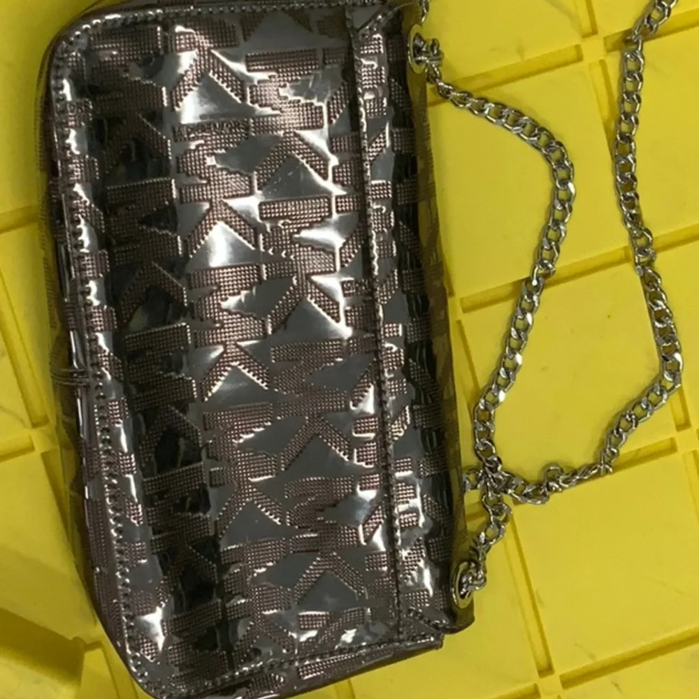Michael Kors Metallic Grey Logo Shoulder Bag with Silver Chain